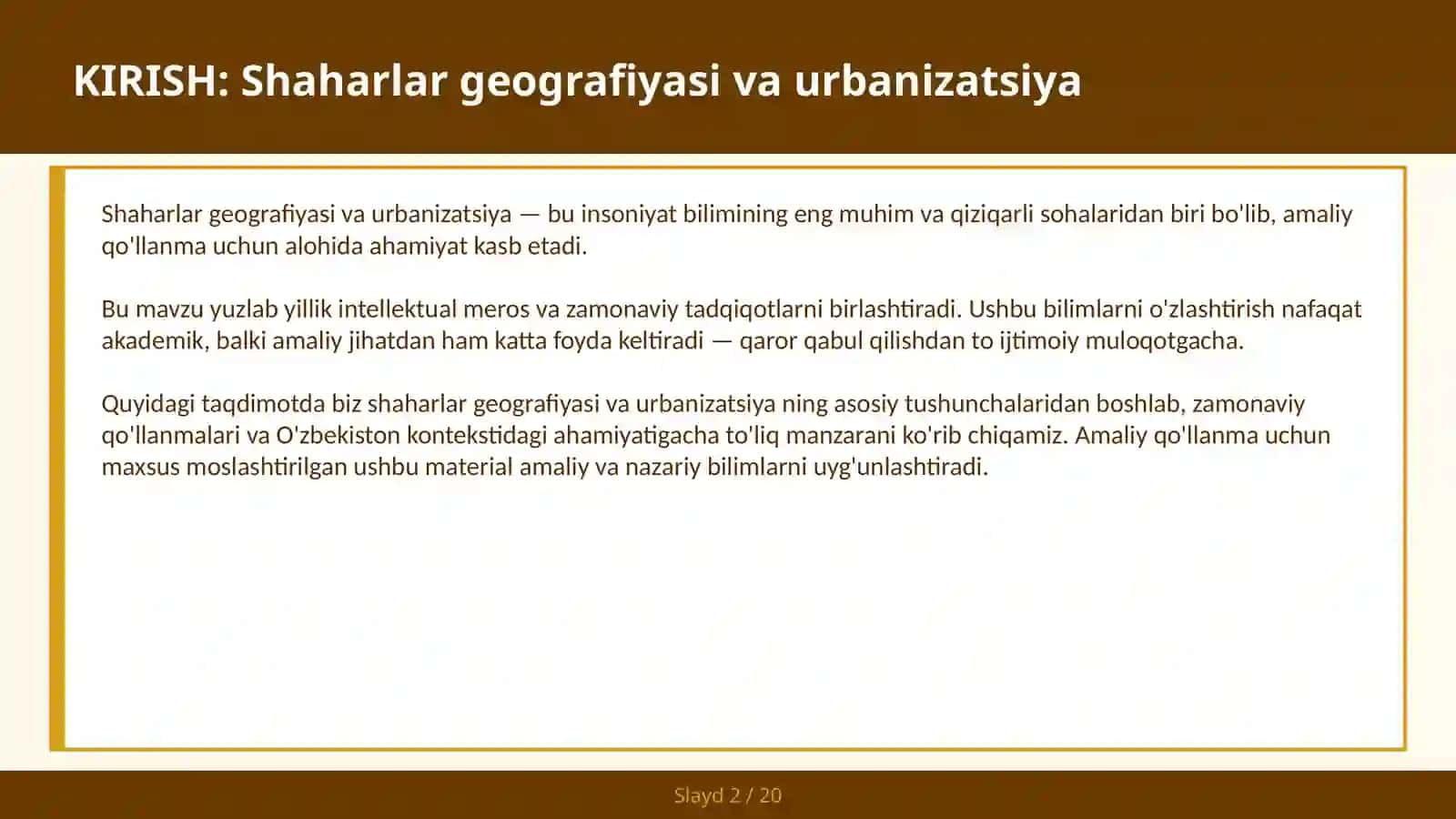 SHAHARLAR GEOGRAFIYASI VA URBANIZATSIYA 2