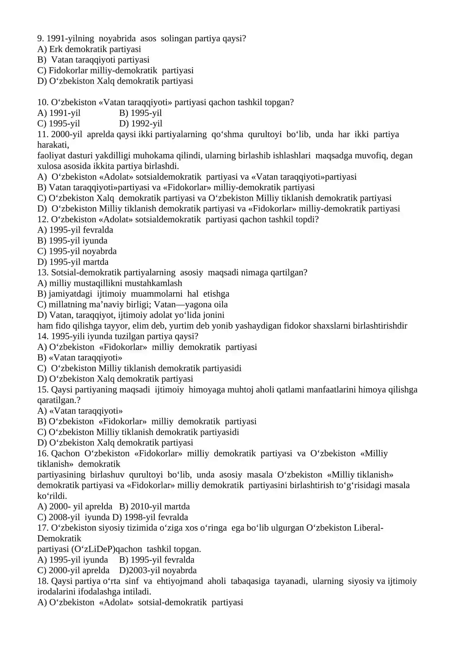 Mavzuga oid test savollari 2