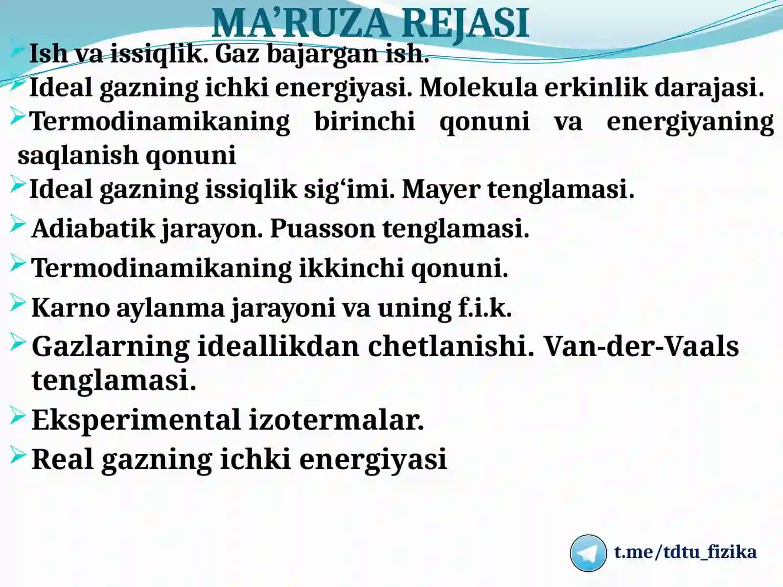 TERMODINAMIKA ASOSLARI. REAL GAZLAR 2