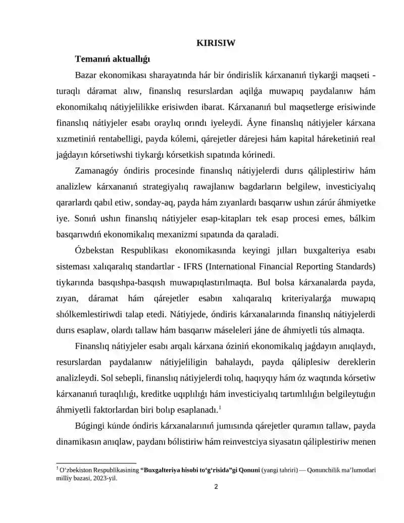 Óndiris karxanalarında finanslıq nátiyjeler 2