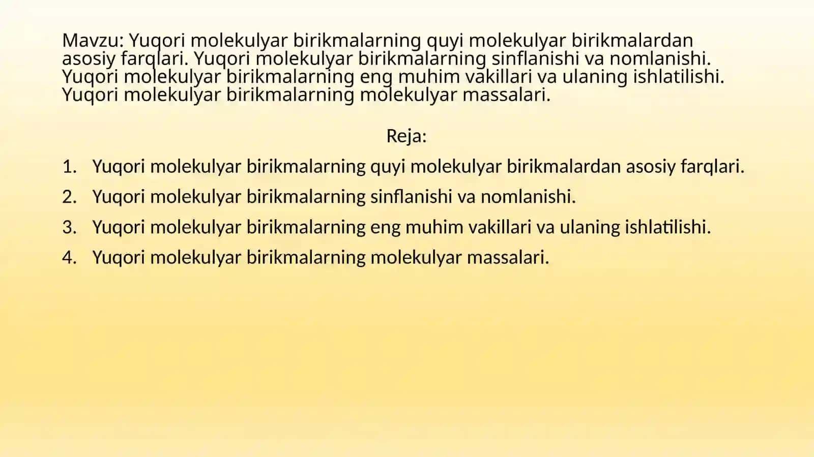 Tojiyev Elyorning Yuqori molekulyar birikmalar kimyosi taqdimoti 2