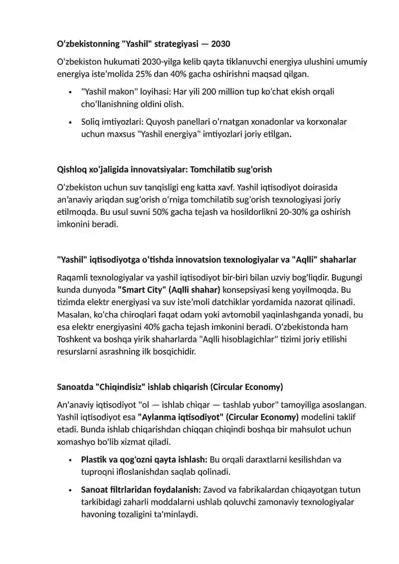 Yashil Iqtisodiyot: Muammolar va Istiqbollar 2