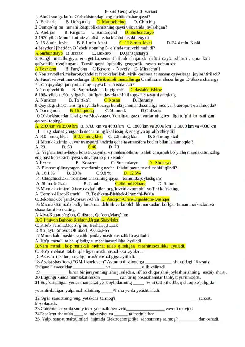 8- sinf Geografiya I- variant 2