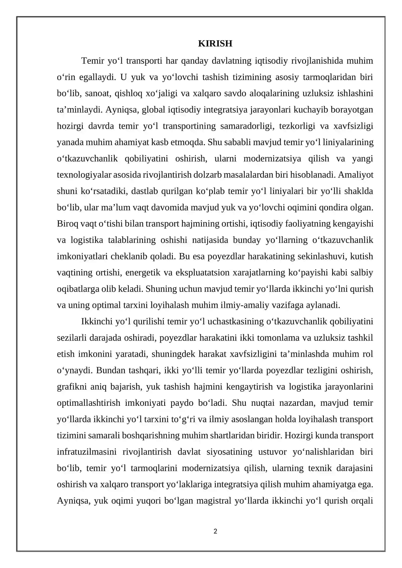 Mavjud temir yo‘llarda ikkinchi yo‘llar tarxini loyihalash 2