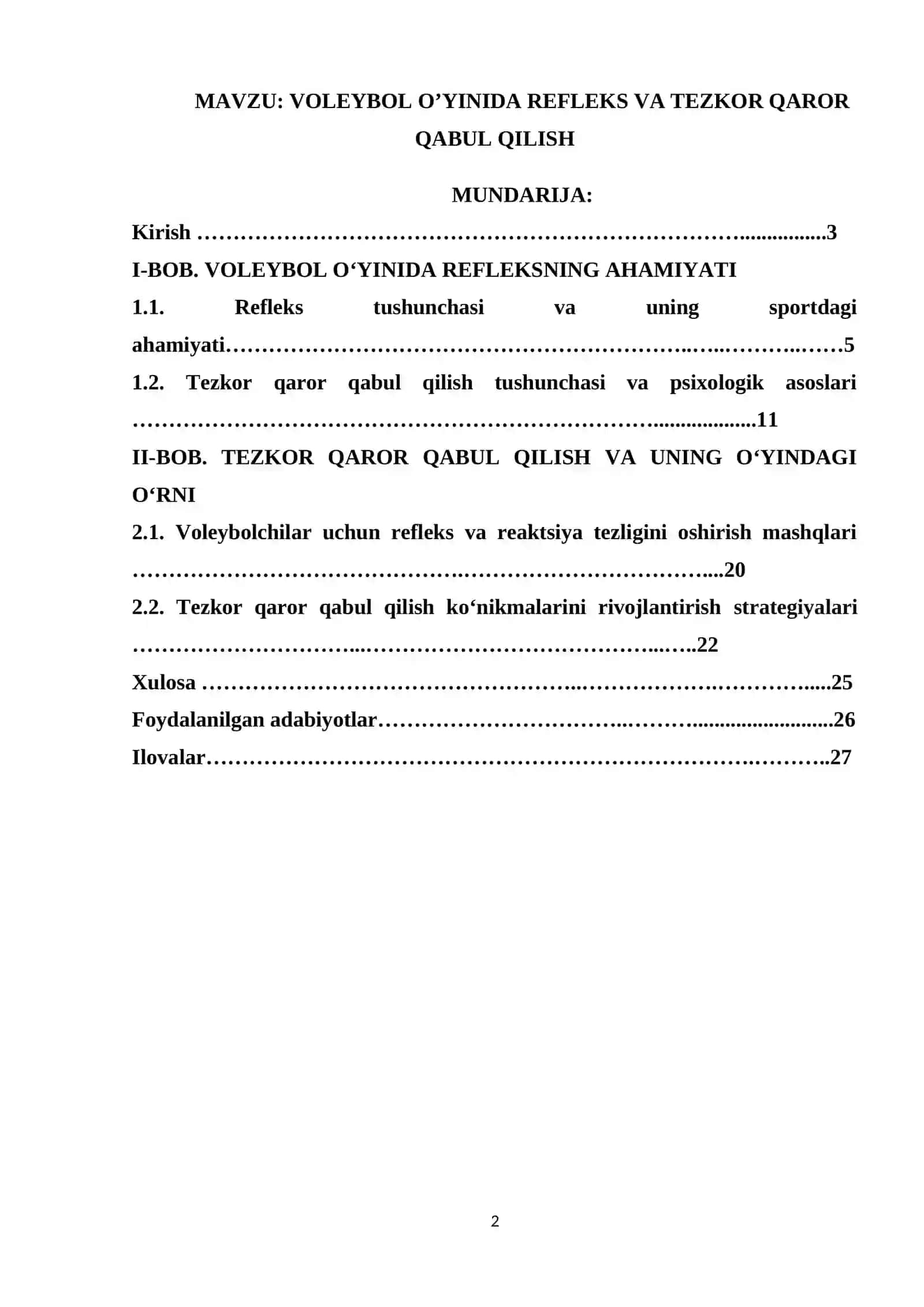 VOLEYBOL O’YINIDA REFLEKS VA TEZKOR QAROR QABUL QILISH 2