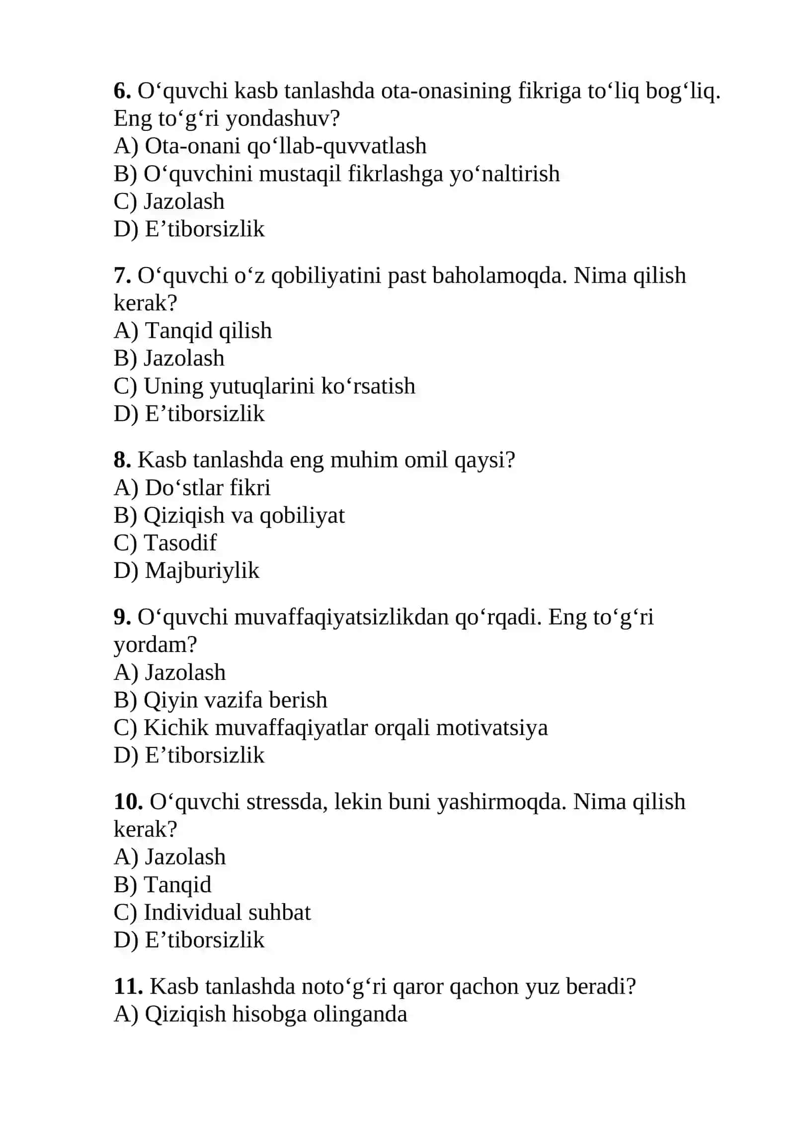 Maktab maslahatchilari uchun testlar to'plami 2026 2