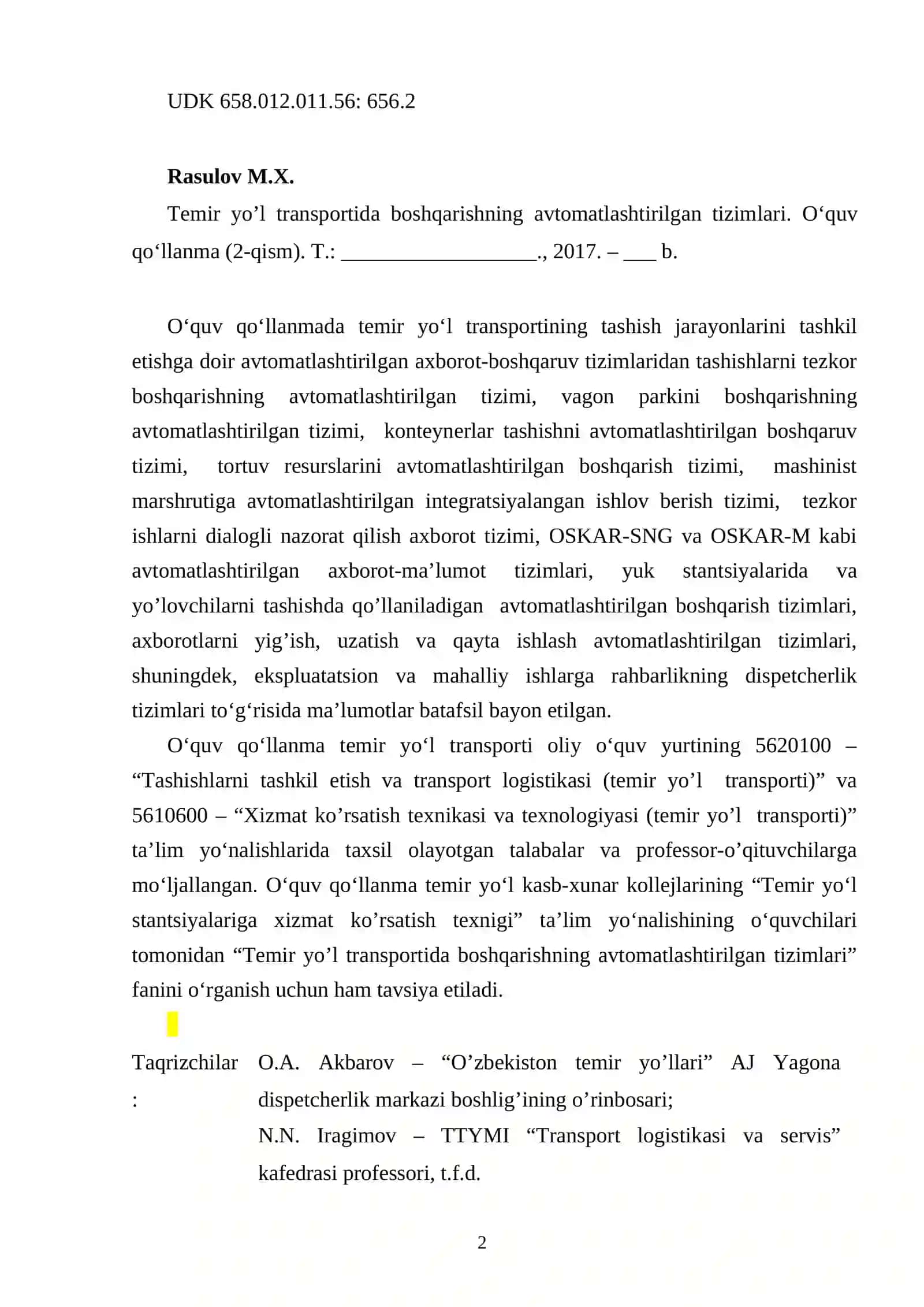 Temir yo’l transportida boshqarishning avtomatlashtirilgan tizimlari 2