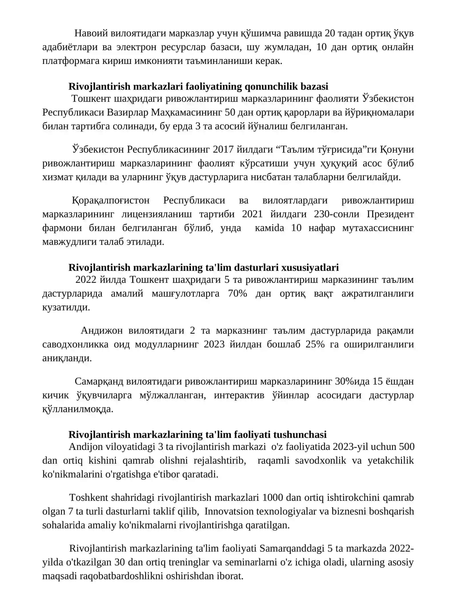 Rivojlanish markazlari taʼlim faoliyati va ularga qoʻyiladigan talablar adabiyotlarni oʻrganish 2