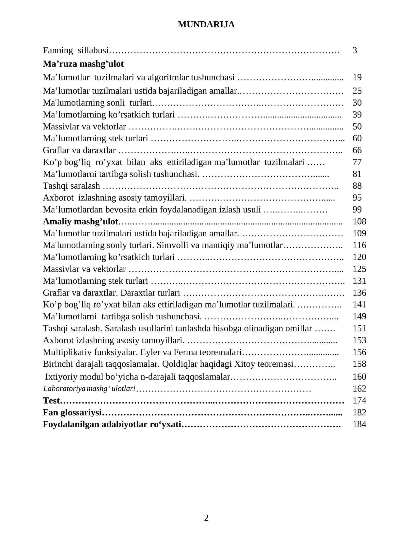 ALGORITMLAR VA MA’LUMOTLAR STRUKTURASI 2