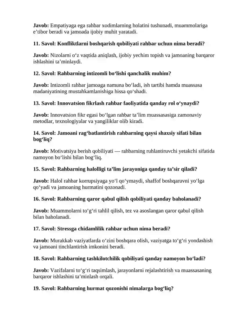 Ta'lim muassasi rahbarining shaxsiy sifatlari Test 2