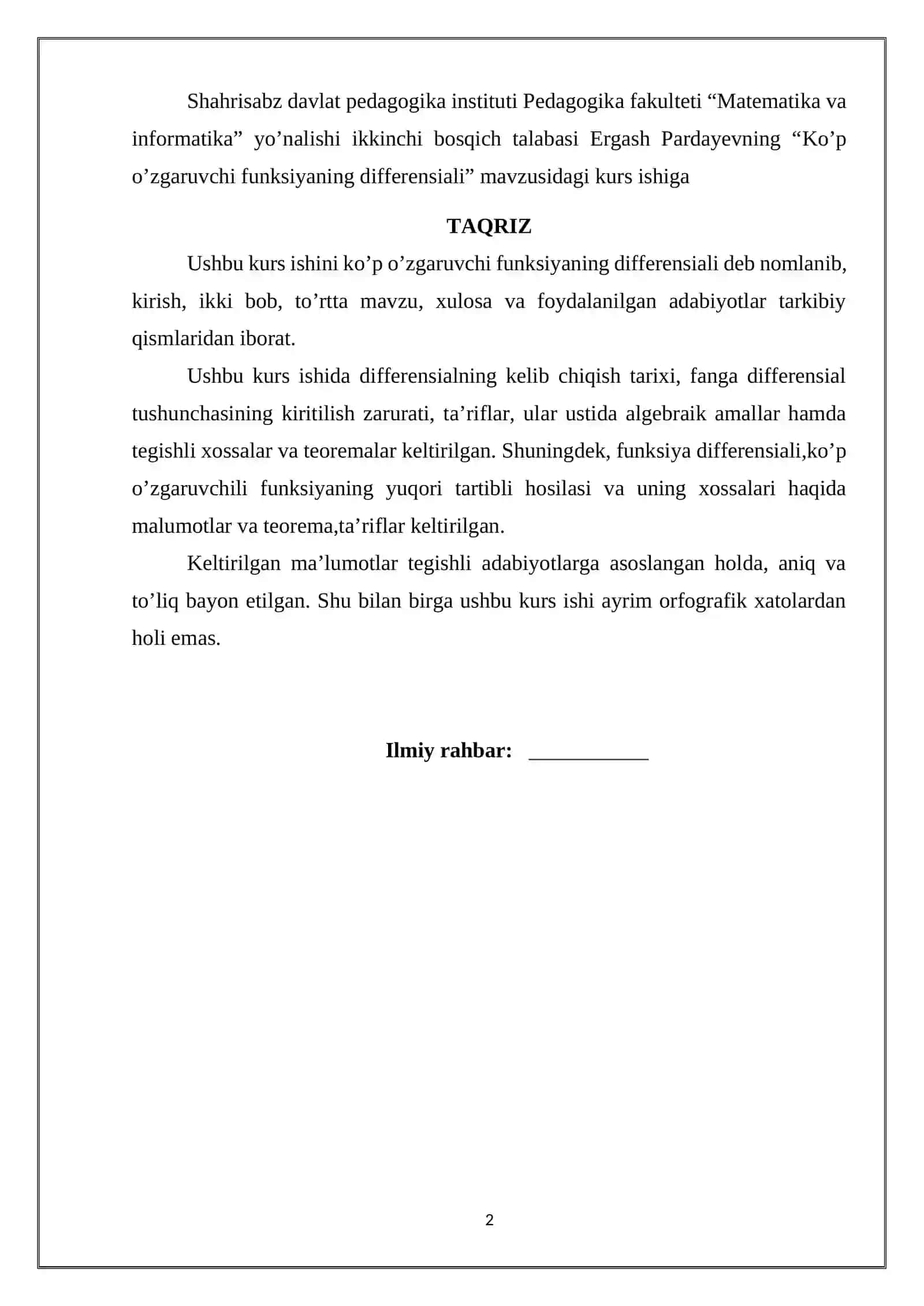 Matematika va informatika ta’lim yo‘nalishi kurs ishi 2