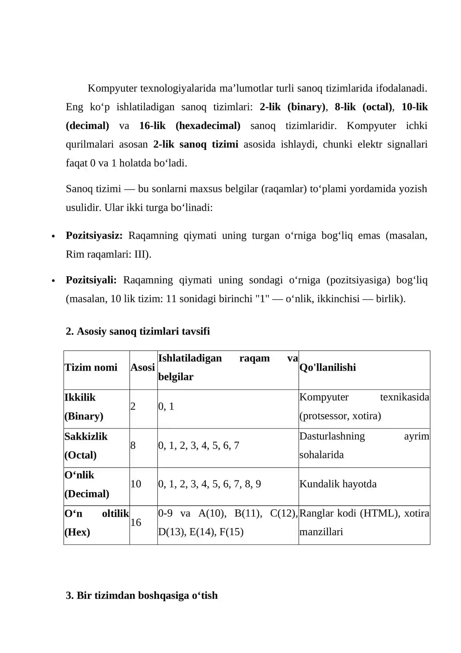 Sanoq tizimlari bilan ishlash (2, 8, 10, 16 lik) 2