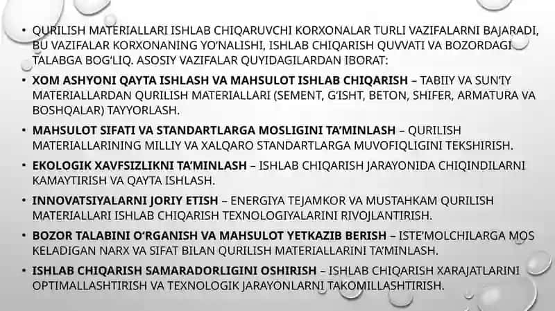 Qurilish materiallari korxonalarining vazifalari 2
