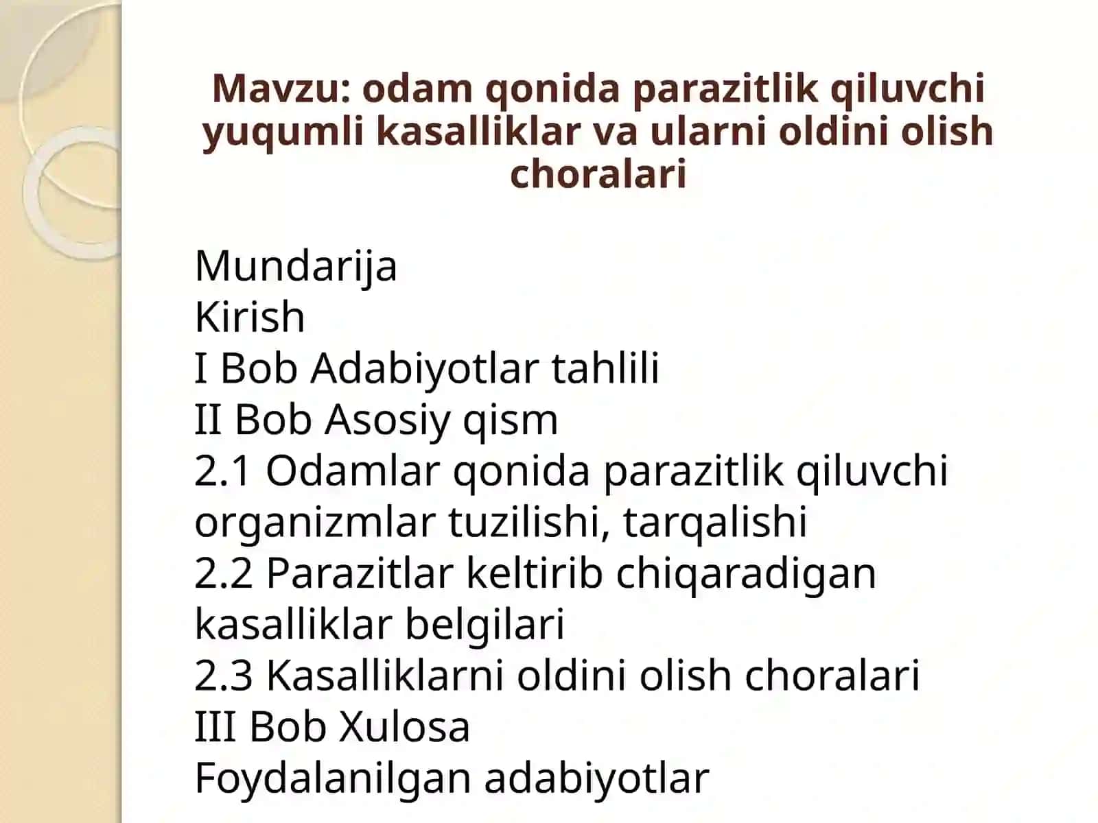 odam qonida parazitlik qiluvchi yuqumli kasalliklar va ularni oldini olish choralari 2