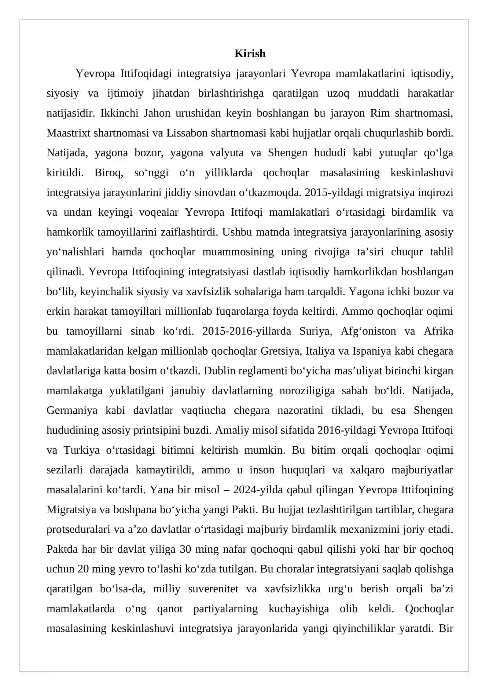 Yevropa Ittifoqidagi integratsiya jarayonlari. Qochoqlar masalasining keskinlashuvi 2