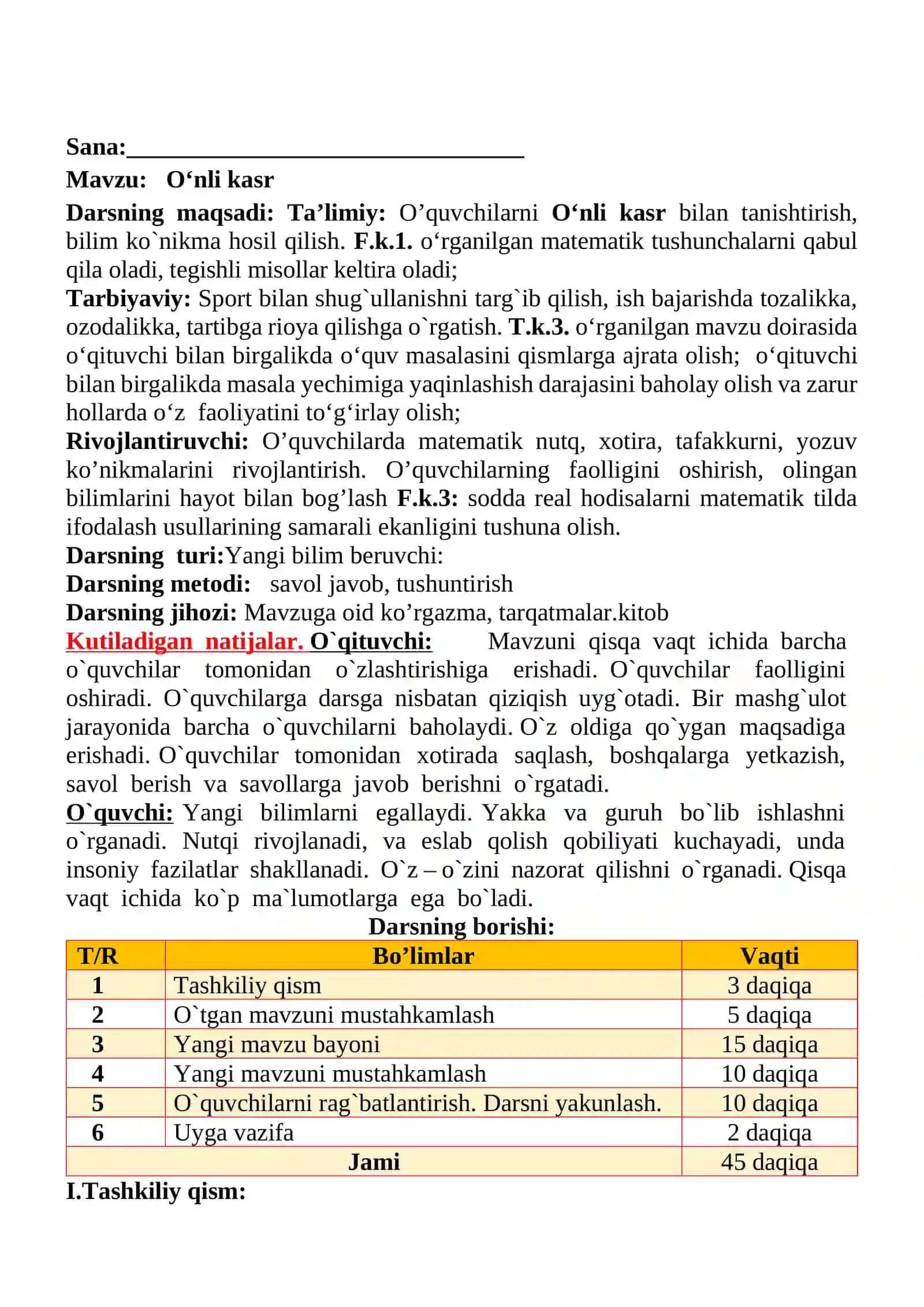 O‘nli kasr mavzusida 4-sinf Matematika fanidan dars ishlanmasi 2