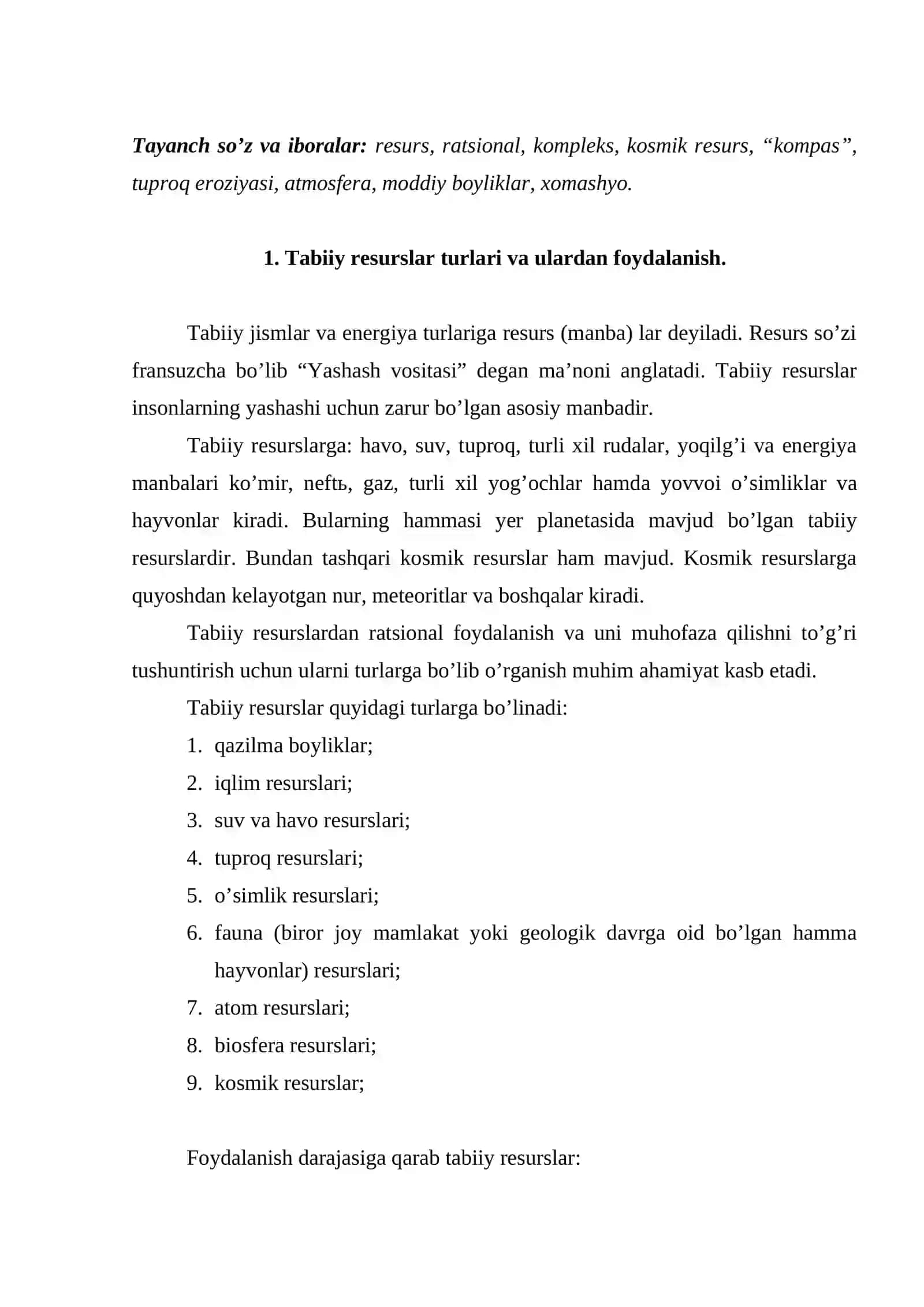 Tabiiy resurslar va ulardan foydalanish 2