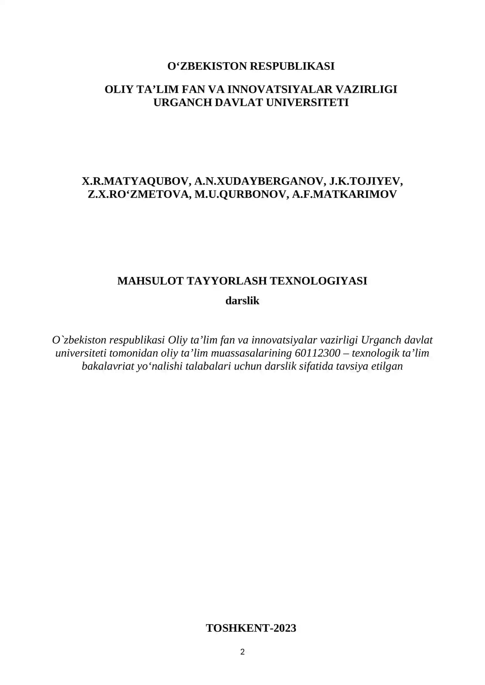 MAHSULOT TAYYORLASH TEXNOLOGIYASI 2