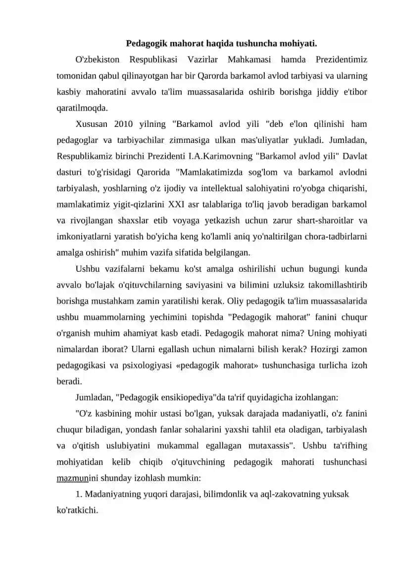 Pedagogik mahorati va uning o'qituvchi faoliyatida tutgan o'rni 2