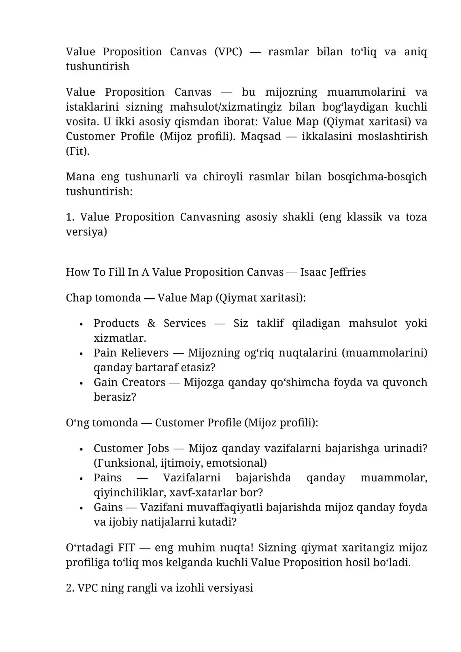 Value Proposition Canvas (VPC) rasmlar bilan to‘liq va aniq tushuntirish 2