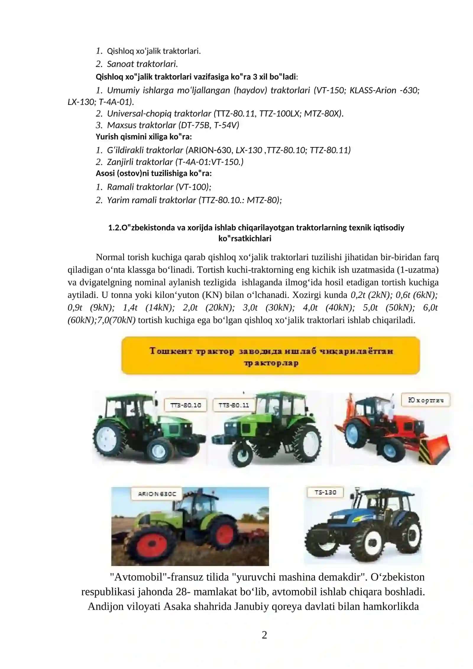 Traktor va Avtomobillarning tasnifi va asosiy qismlari 2