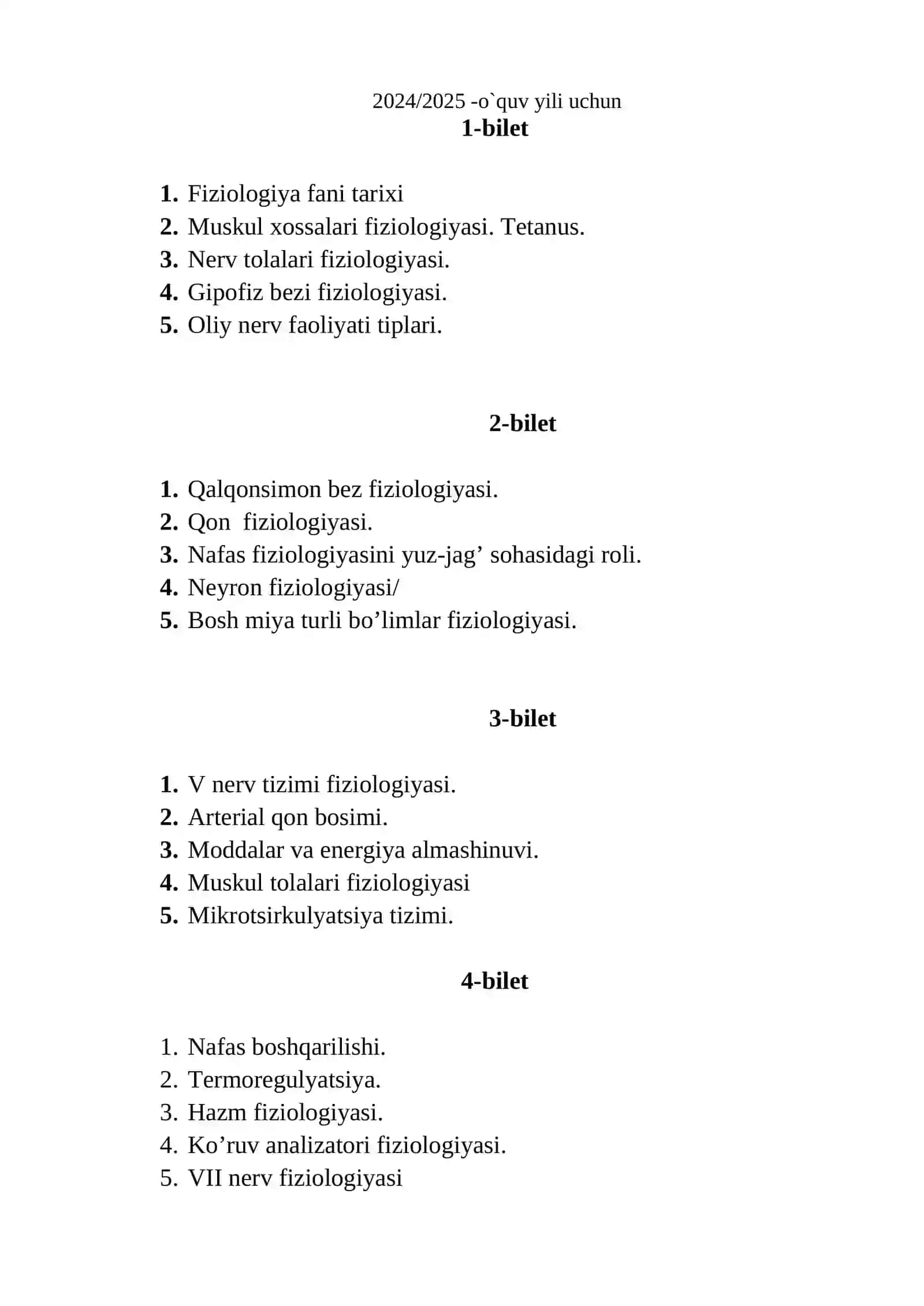 FIZIOLOGIYA-YUZ-JAG’ SOHASI FIZIOLOGIYASI FANIDAN YAKUNIY NAZORAT BILETLARI 2