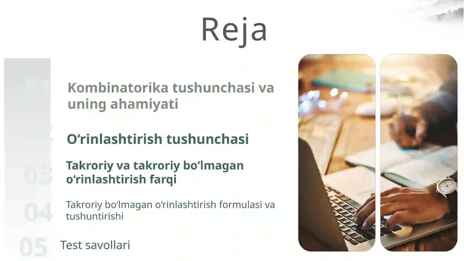 Kombinatorikaning takroriy bo'lmagan o'rinlashtirish qoidasi. 2