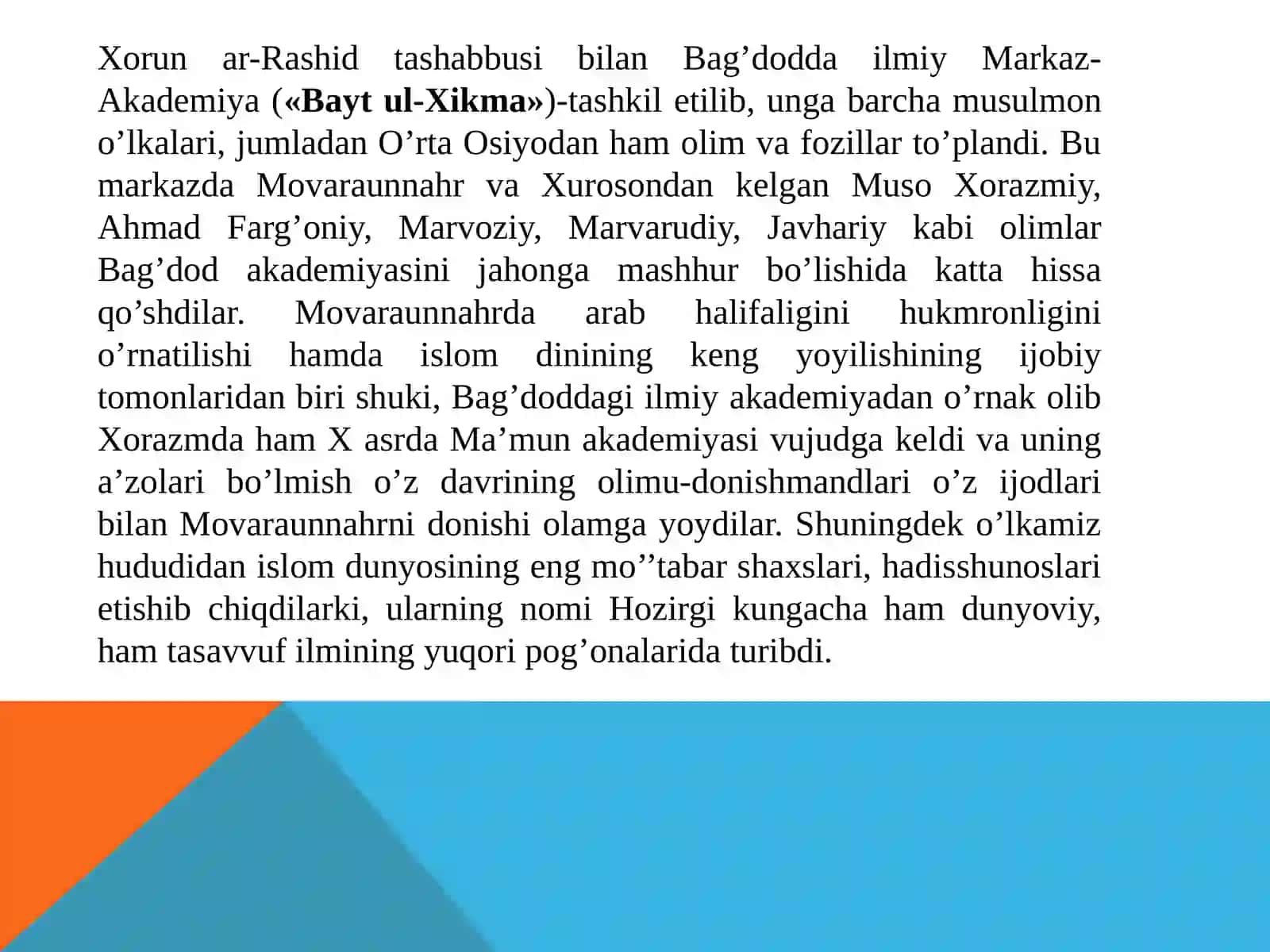 Markaziy Osiyolik allomalarning bashariyat ilmiy taraqqiyotiga qo‘shgan ulushi. 2