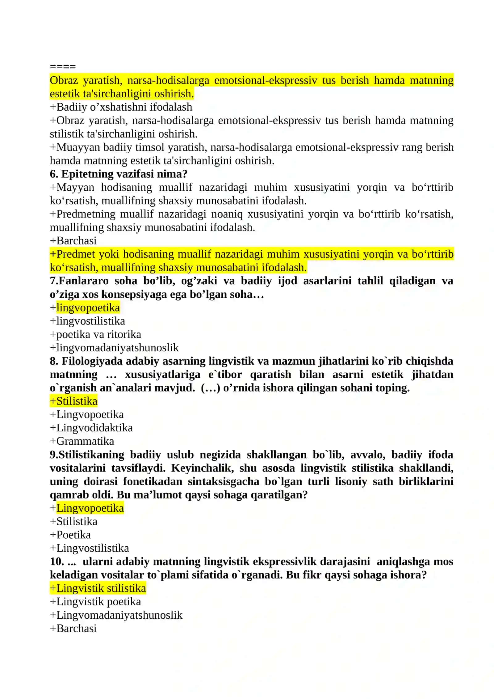 LINGVOPOETIKA fanidan ON test savollari BAZASI 2