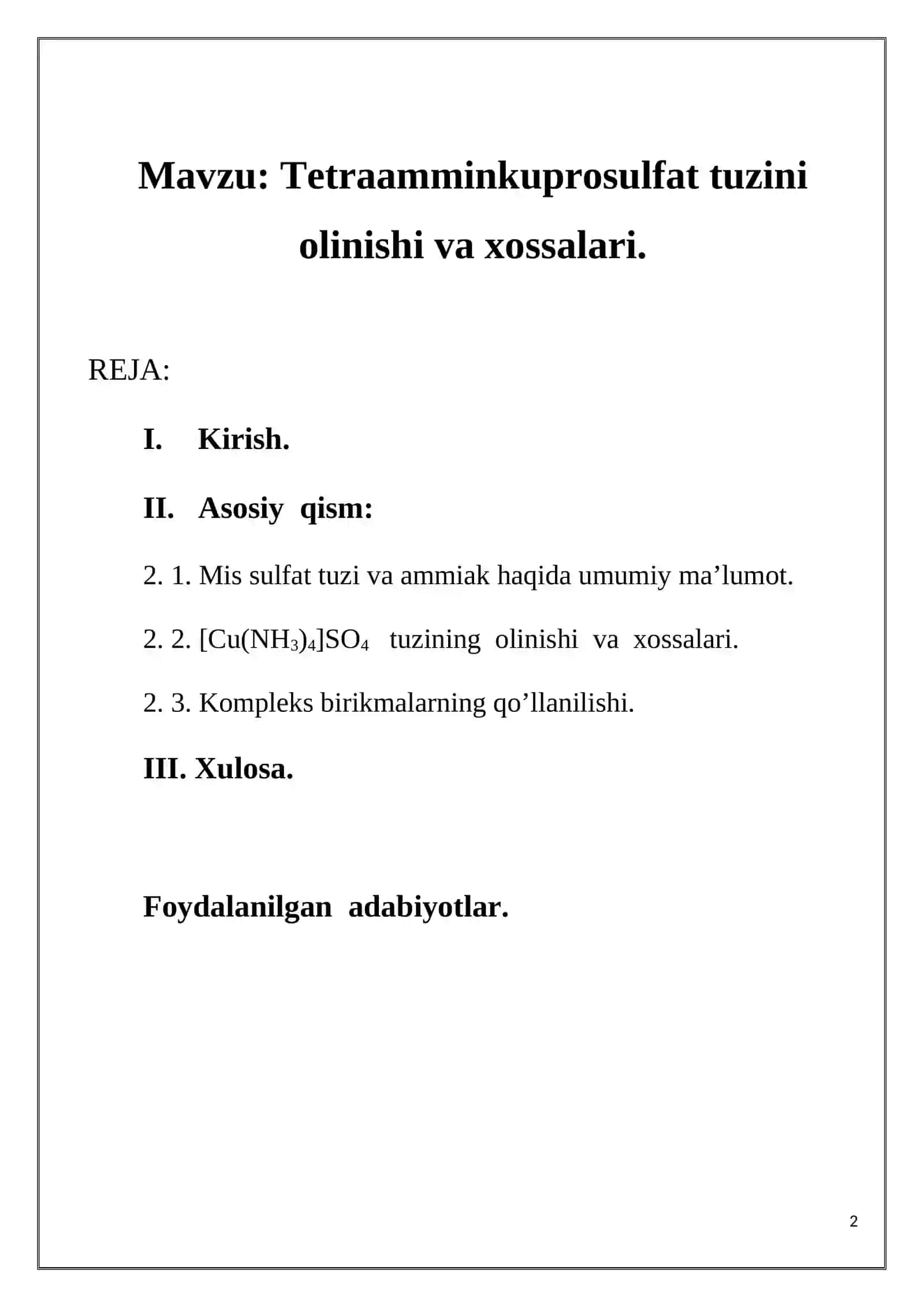 Tetraamminkuprosulfat tuzini olinishi va xossalari 2