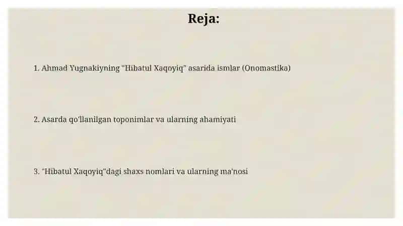 Hibatul xaqoyiq asaridagi onomastika Ahmad yugnakiy 2
