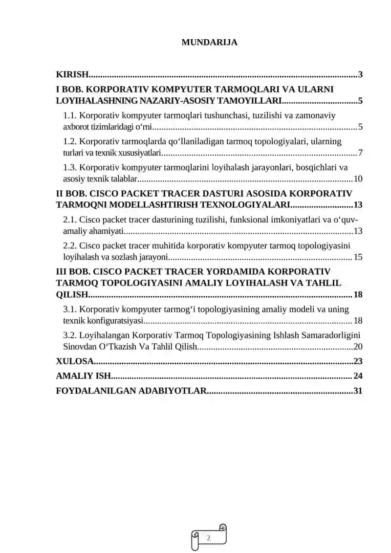 Cisco Packet Tracer yordamida korporativ tarmoq topologiyasini loyihalash 2