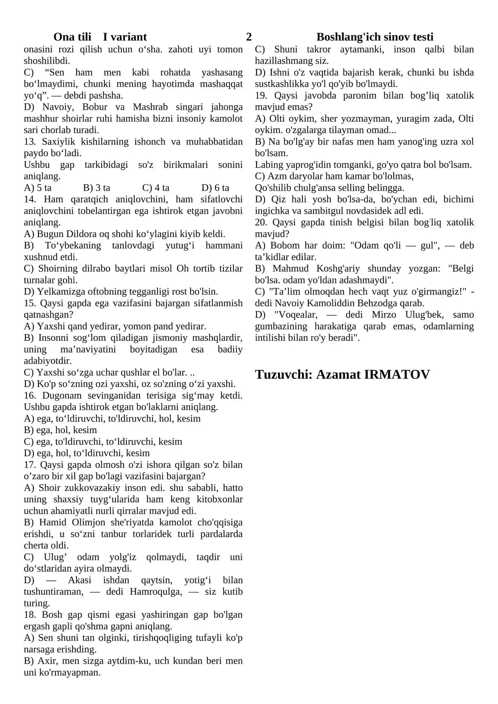 Ona tili I variant 2 Boshlang'ich sinov testi 2