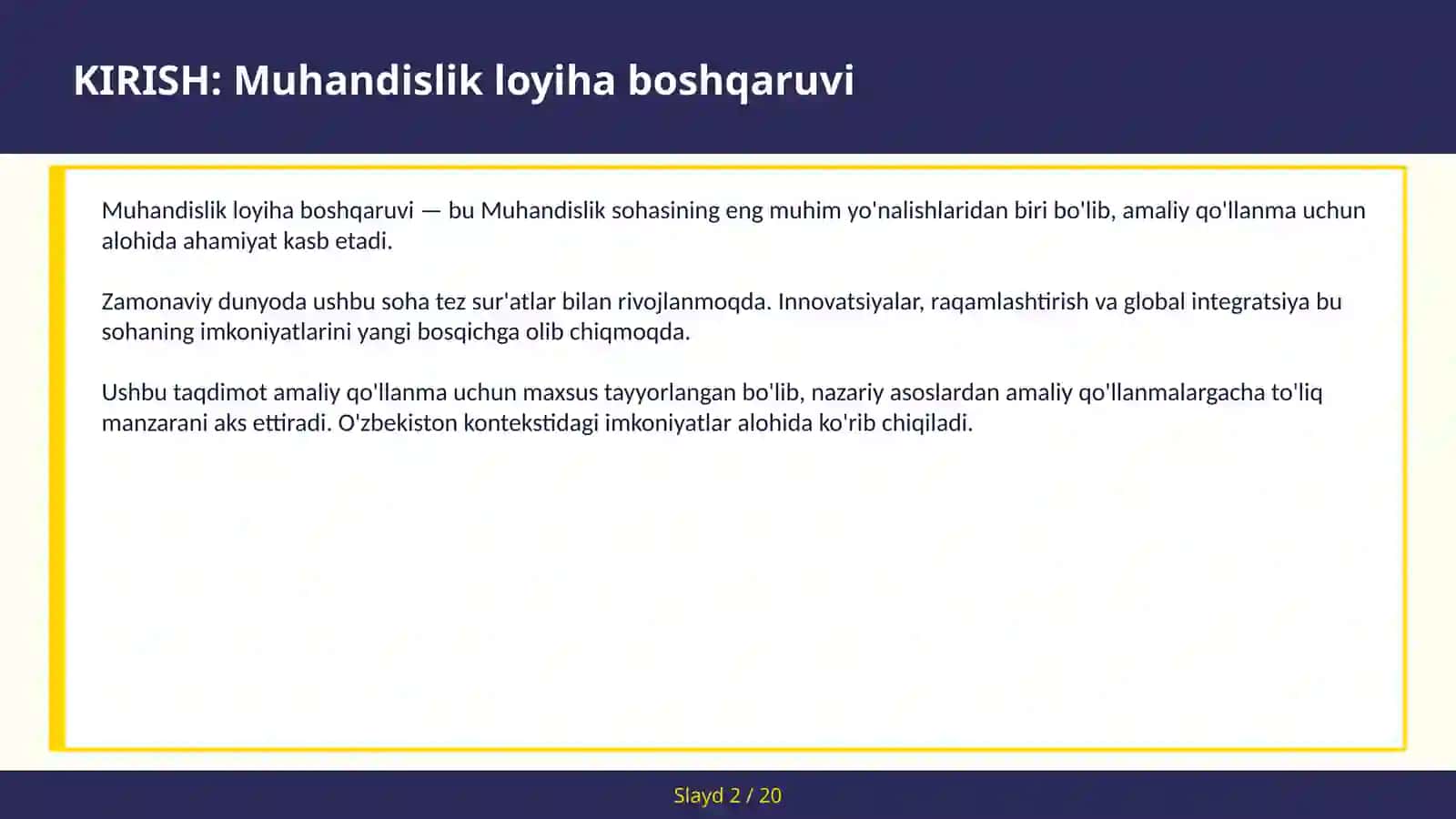 MUHANDISLIK LOYIHA BOSHQARUVI 2