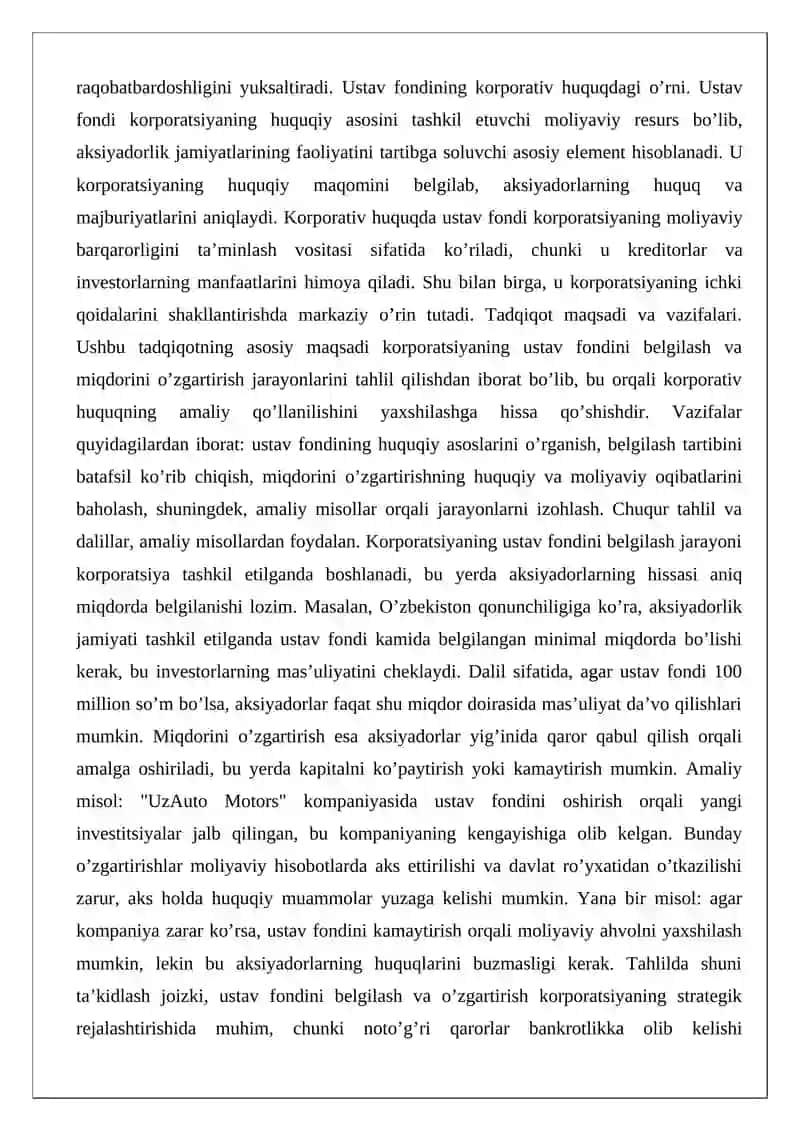 Korporatsiyaning ustav fondi, uni belgilash va miqdorini o’zgartirish 2