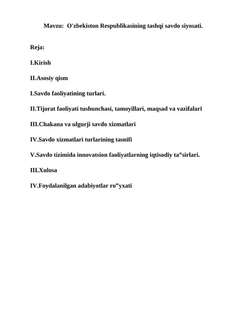 O'zbekiston Respublikasining tashqi savdo siyosati. 2
