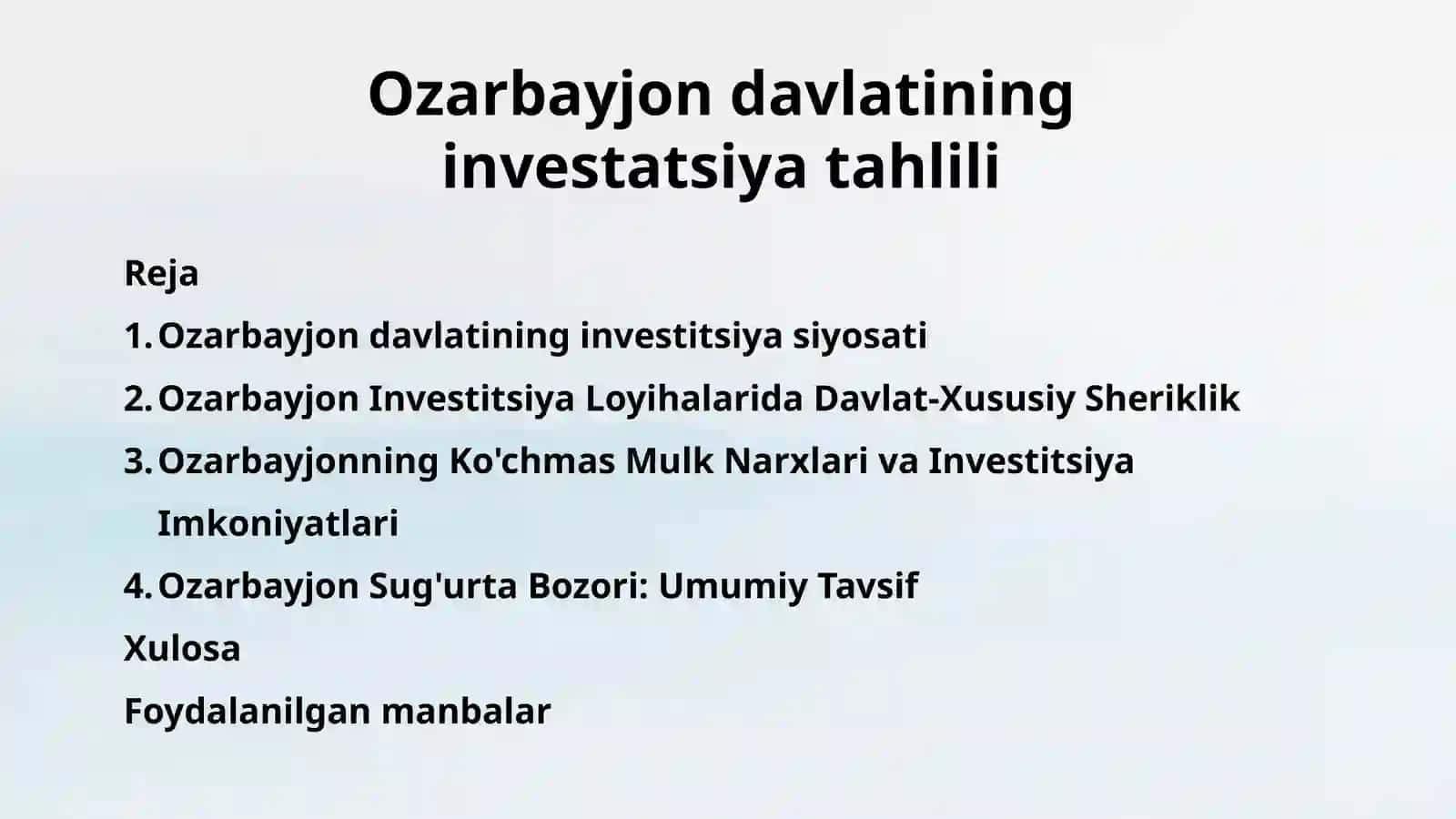 Ozarbayjon davlatining investitsiya siyosati 2