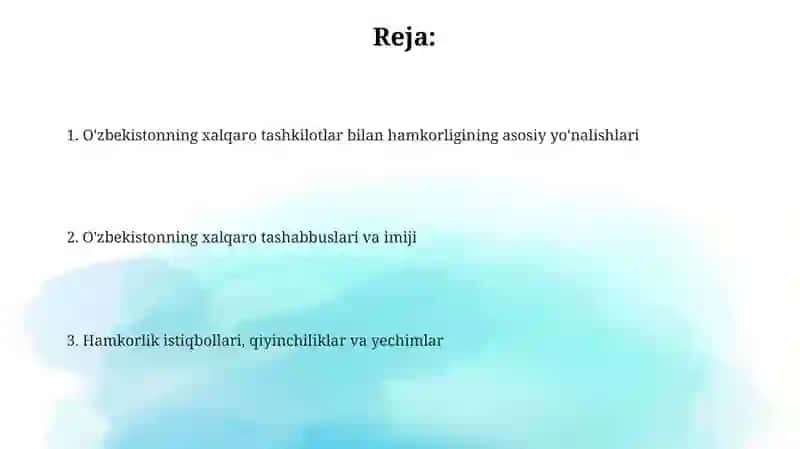 O‘zbekistonning xalqaro tashkilotlar bilan hamkorlik aloqalari 2