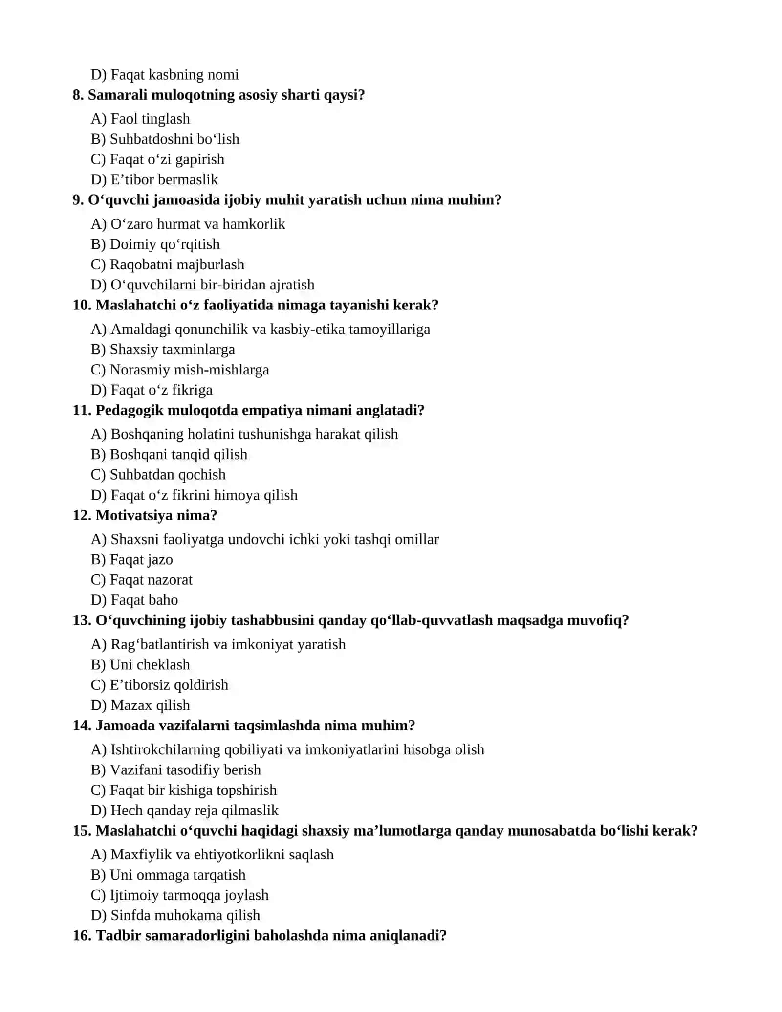 MAKTAB MASLAHATCHISI LAVOZIMIGA ISHGA KIRISH UCHUN SINOV TESTLARI 2