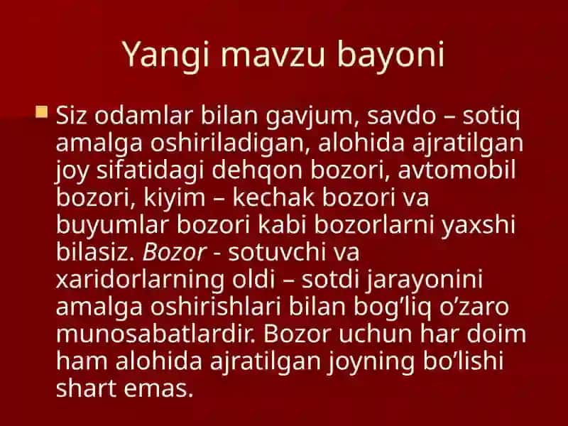 Bozor va uning turlari.Darsning maqsadi 2