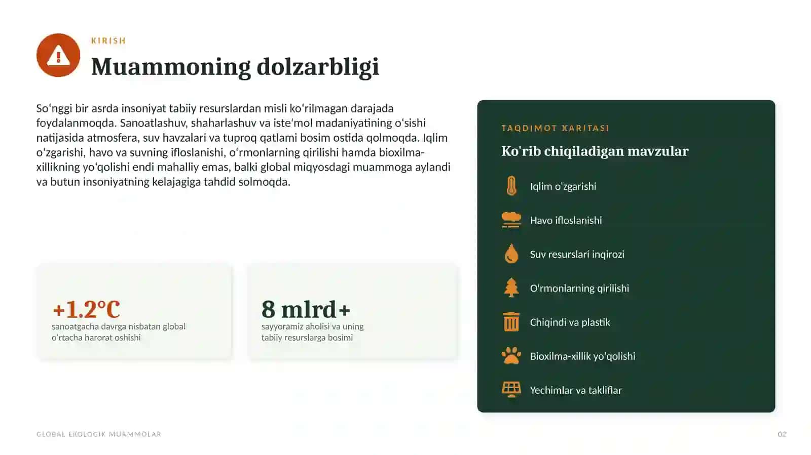 Global ekologik muammolar, yechim va taklif. 2