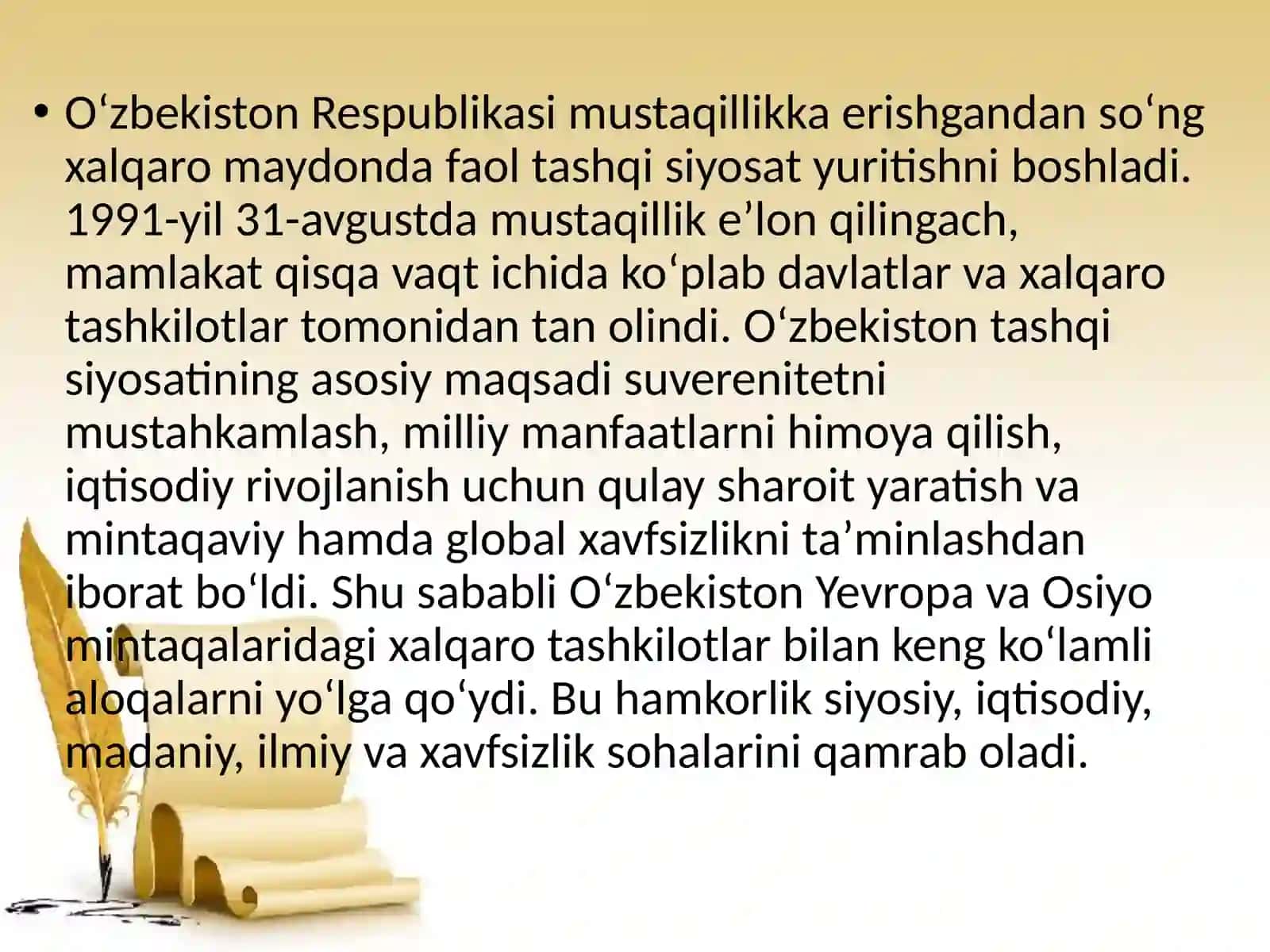 Oʻzbekiston Yevropa va Osiyo xalqlari bilan xalqaro aloqalari 2