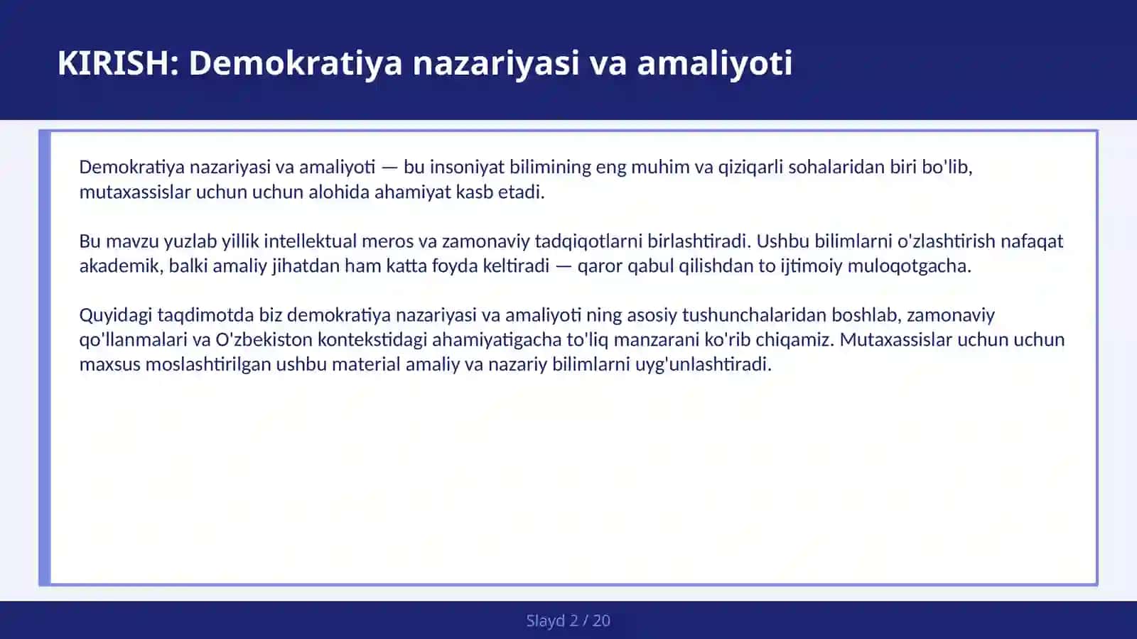 DEMOKRATIYA NAZARIYASI VA AMALIYOTI 2