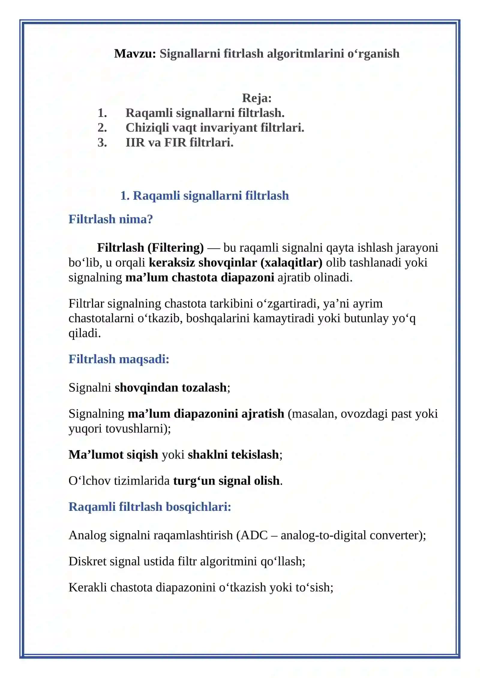Signallarni fitrlash algoritmlarini o‘rganish 2