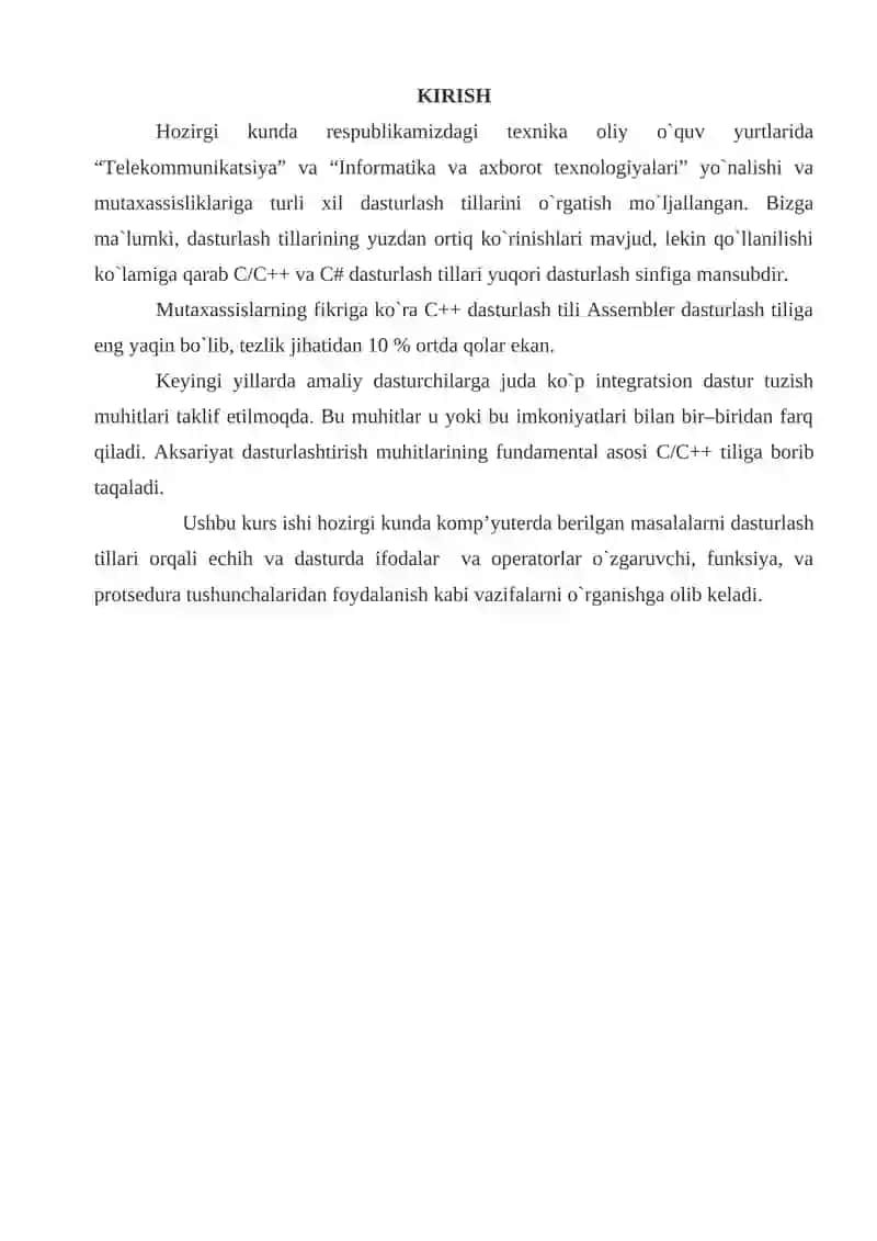 C++ TILIDA TARMOQLANUVCHI OPERATORLAR 2