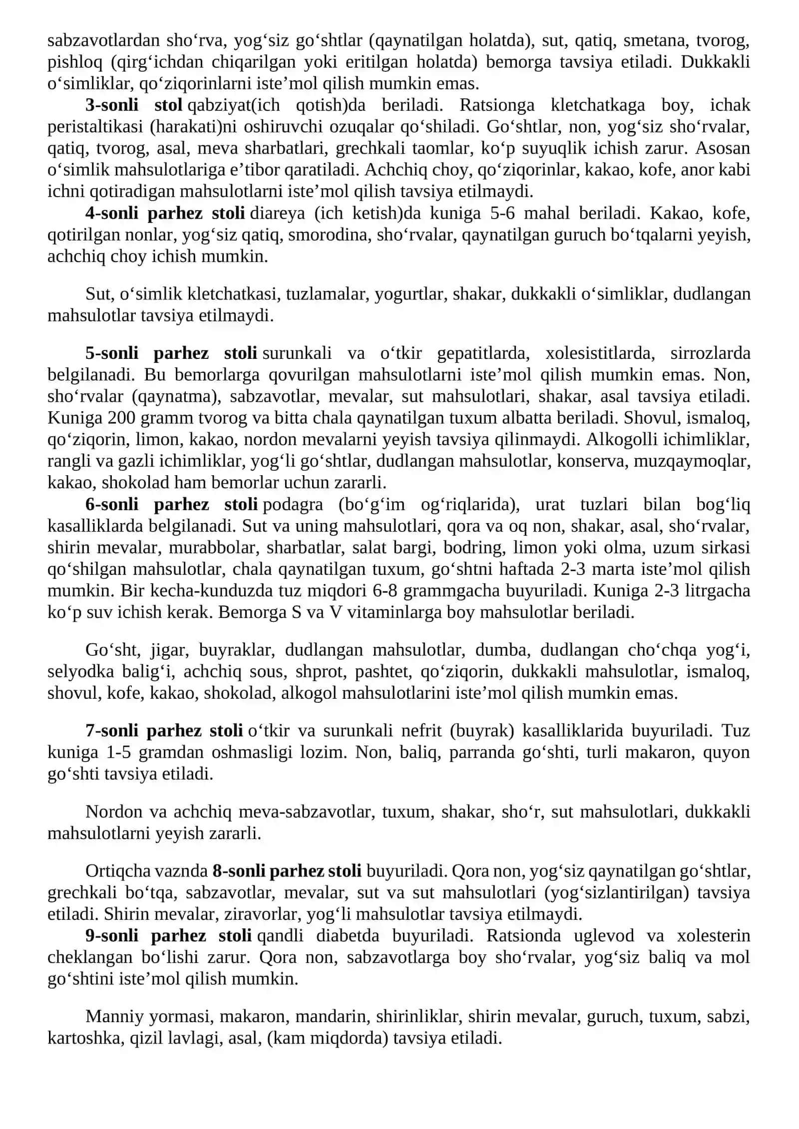Parhez Taomlar stollari 2