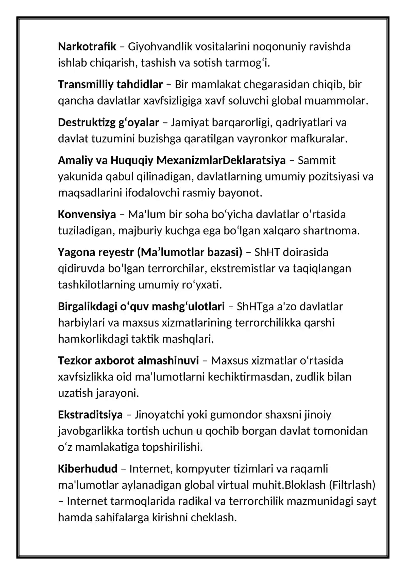 SHHT Toshkent sammitlarinning terorchilikka qarshi kurashdagi tarixiy axamyati. 2