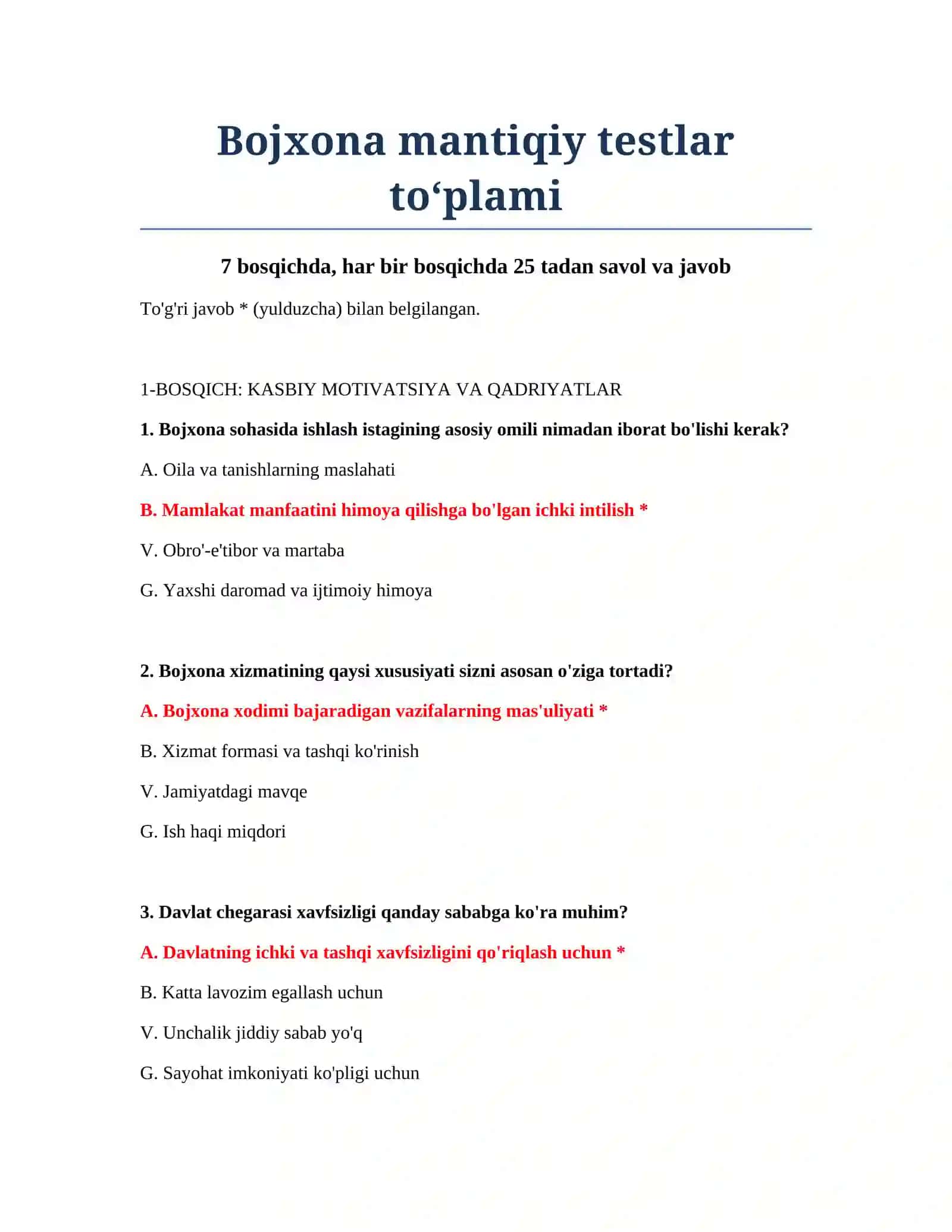 Bojxona mantiqiy testlar to‘plami 2