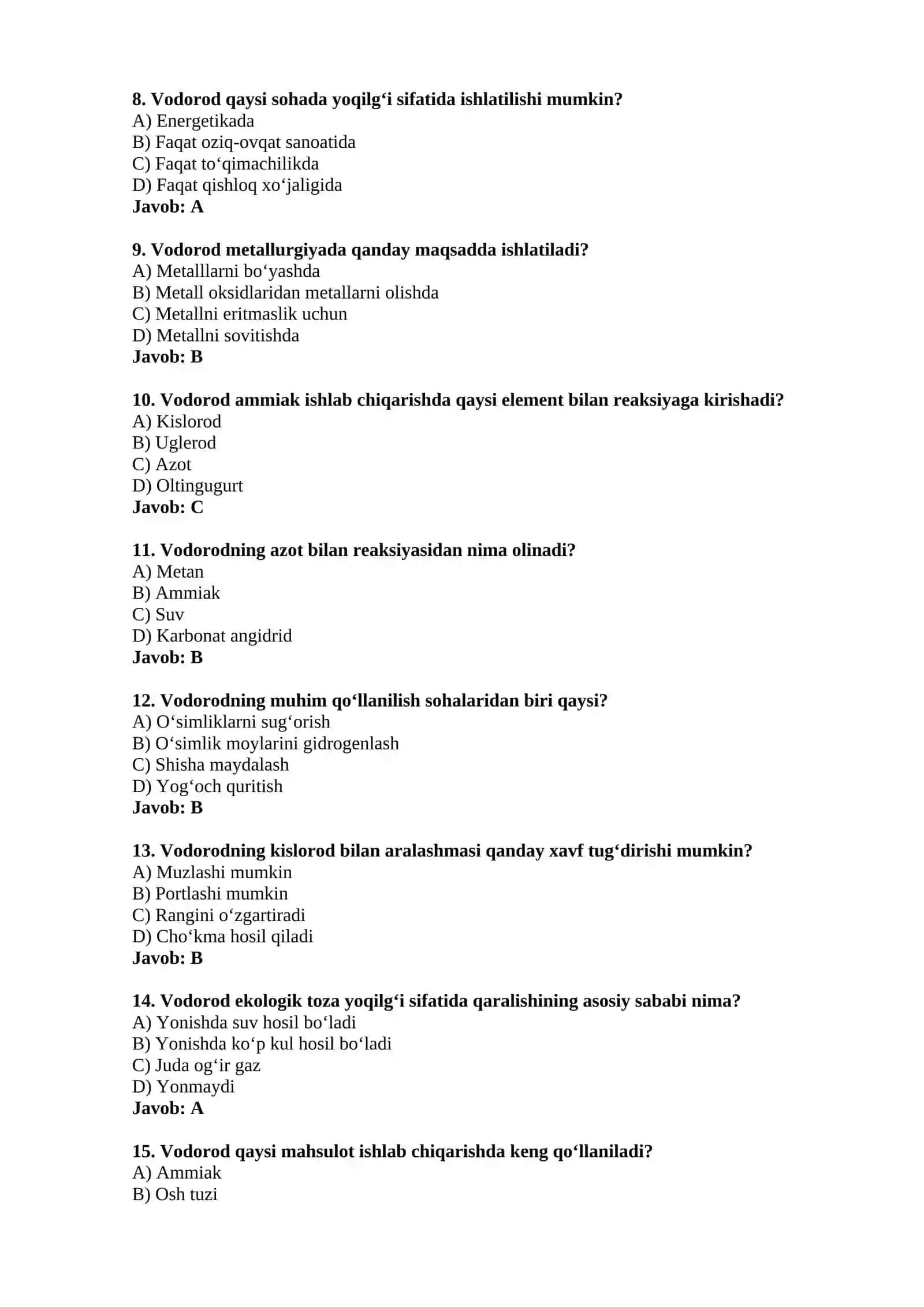 Vodorodning xossalari va ishlatilishi — 15 ta test 2