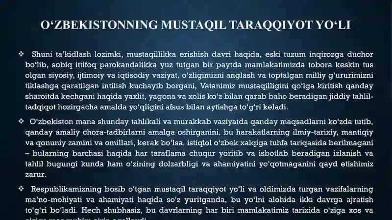 Oʻzbekistonning oʻziga xos istiqlol va taraqqiyot yoʻli 2